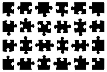 Set of Isolated Vector Puzzle Pieces, Forms Complete Puzzle, Round Corners, Black Fill, Icons Symbols