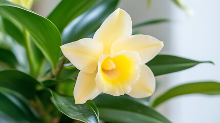 Fototapeta premium Elegant Yellow Orchid Flower in Bloom with Fresh Green Leaves in Soft Natural Light : Generative AI