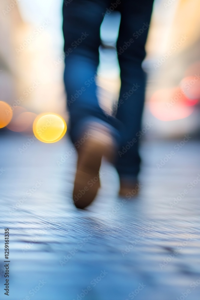 Poster person walking on cobblestone street in vibrant city lights creating a soft blurry effect : generati