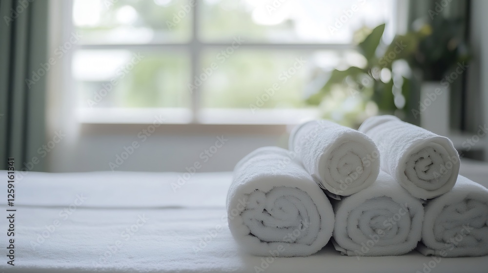 Poster Rolled White Towels Neatly Arranged on a Spa Table with Natural Light : Generative AI
