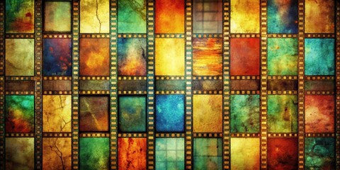 Obraz premium Mosaic of old film strips in vibrant colors with textures and patterns , mosaic, unique, mosaic, unique