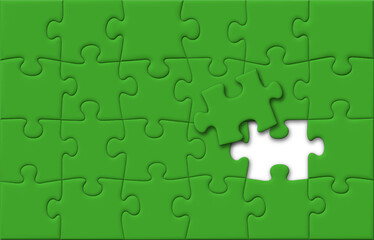 Green Puzzle Pieces Jigsaw with One Last Missing Piece on Top, Off-Centered Background, Vector 3D Effect with Shadows