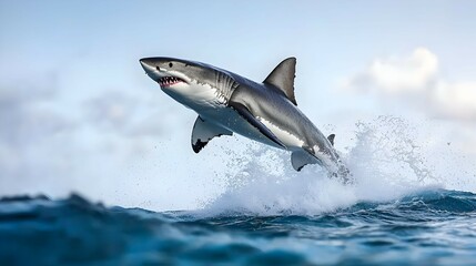 Fototapeta premium Great White Shark Leaping from the Ocean Waves
