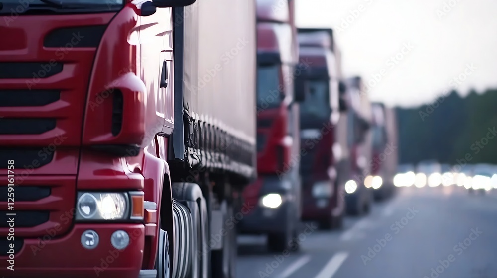 Poster traffic jam of red trucks on highway during evening light : generative ai