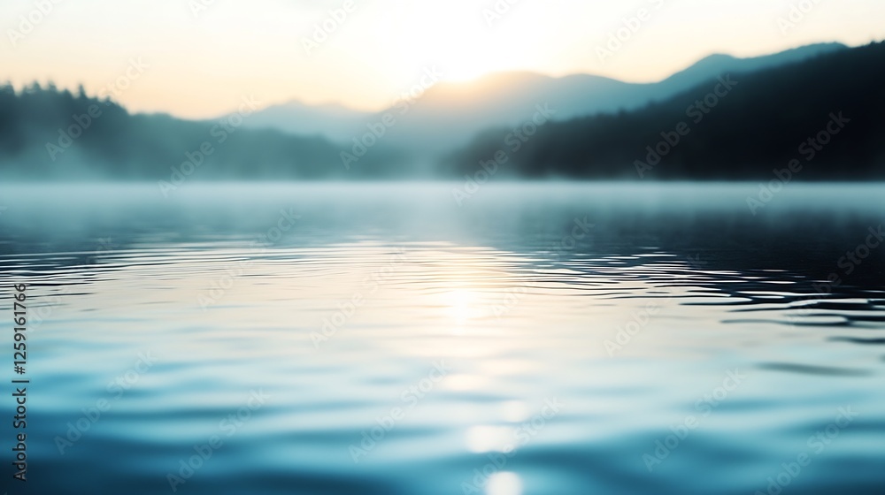 Aufkleber serene landscape view of misty mountains at sunrise reflecting on calm water surface : generative ai