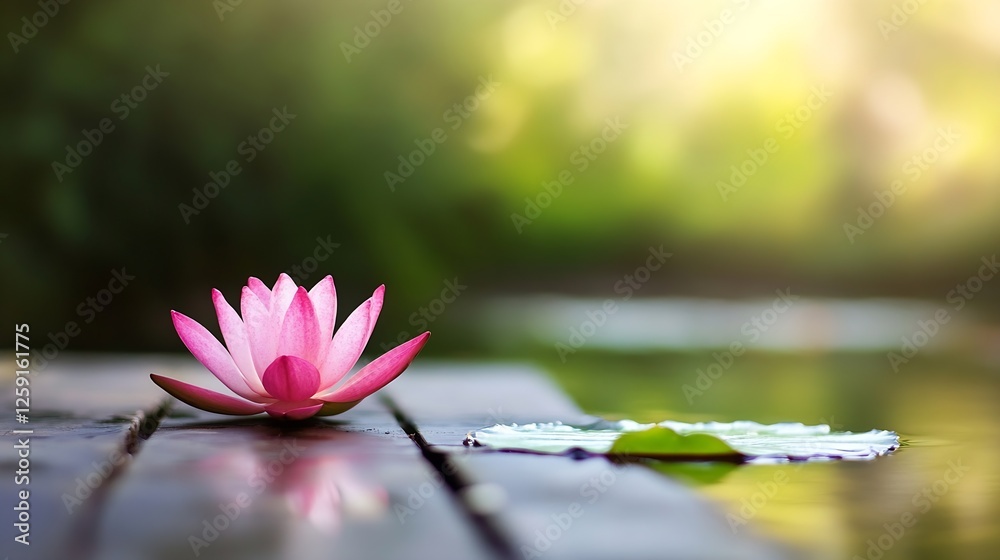 Poster serene pink lotus flower on calm water surface with gentle bokeh background for relaxation and medit
