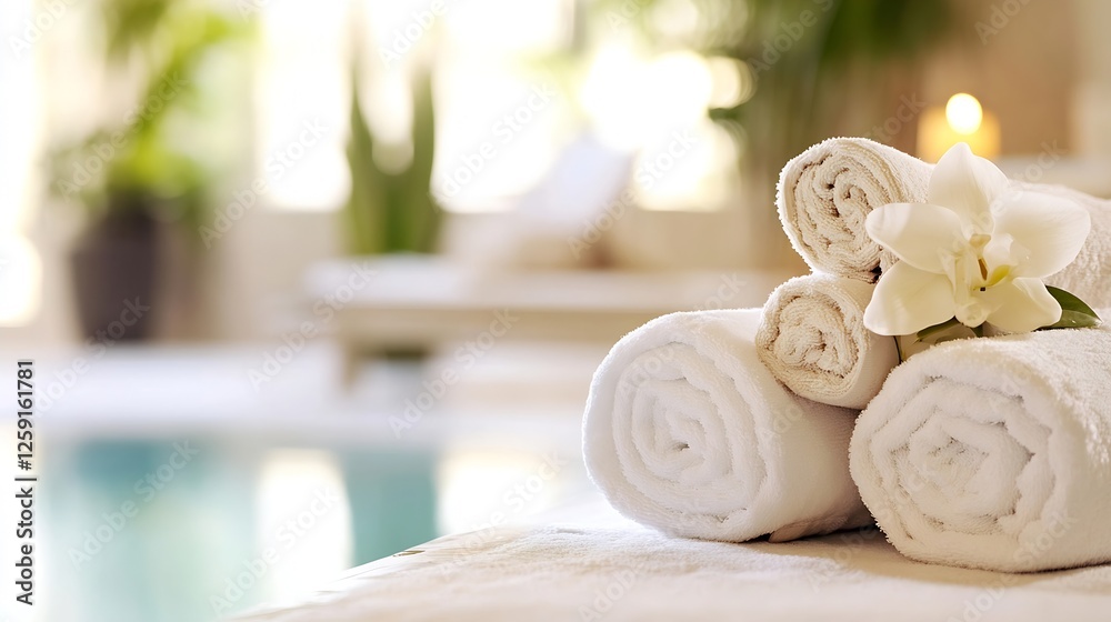 Poster relaxing spa environment with soft white towels and orchid flower in tranquil atmosphere : generativ