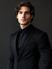 Stylish Male Model in Elegant Black Suit Posing Confidently in Studio Portrait : Generative AI