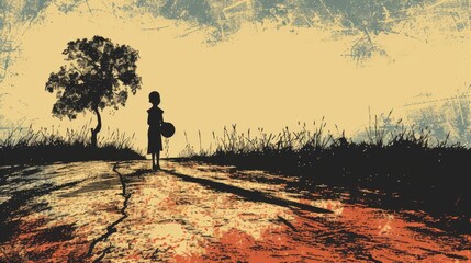 A graphic digital illustration depicting a lone child walking on a cracked dirt path in a parched landscape, symbolizing themes of drought, climate change, and resilience. AI generated.