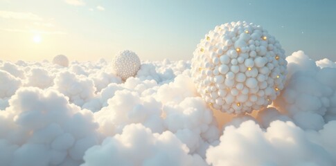 Delicate white and gold spheres suspended in the sky amidst clouds, airy, white, golden