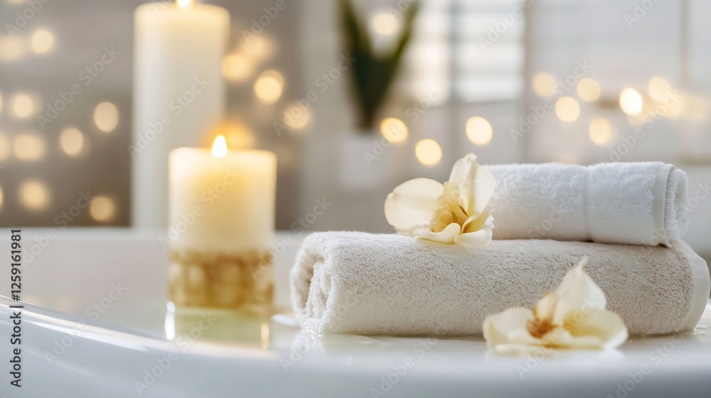 Poster serene and relaxing spa bathroom setting with soft towels and candles for stress relief : generative