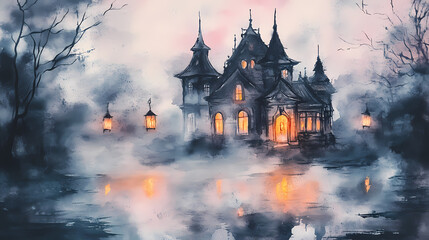 watercolor haunted house