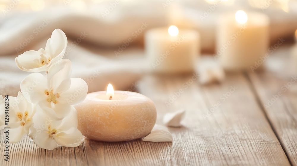 Poster cozy candlelit scene with white flowers on wooden table creating a relaxing and peaceful vibe : gene