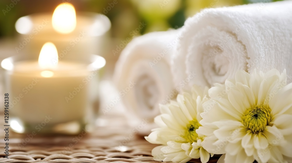 Aufkleber Calm and relaxing spa setting with fluffy towels aromatic candles and beautiful flowers creating a soothing atmosphere : Generative AI