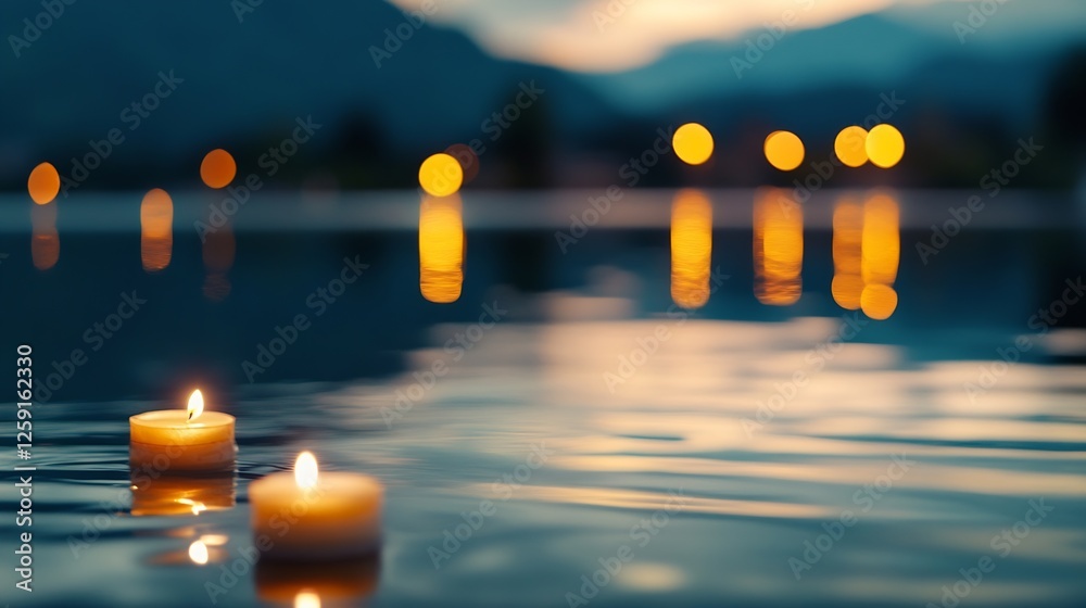 Poster Serene Floating Candles on Water Surface with Soft Bokeh Background for Relaxation : Generative AI