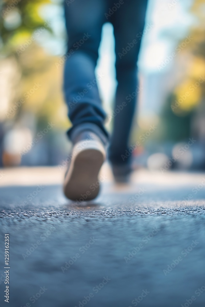 Poster close up view of a person walking on a city street with blurred background : generative ai