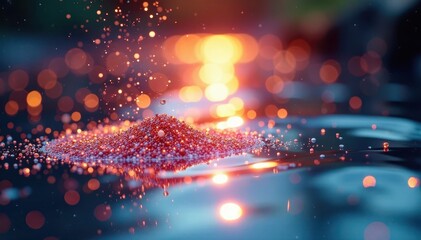 Glittering gold dust settles on a still pond surface, pond, pink blue gold glow glitter flow wave, reflective