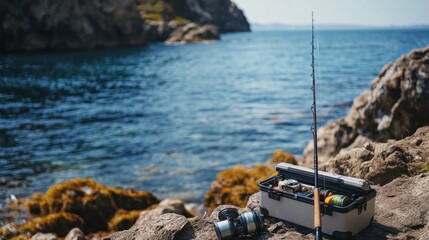 A detailed shot of a Japanese fishing rod and reel, placed beside a tackle box and bait, on a rocky shoreline overlooking the ocean.