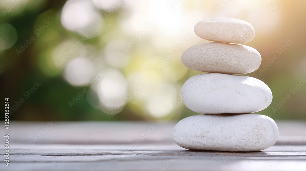 Poster Four smooth white stones stacked on a wooden surface with a soft blurred background : Generative AI