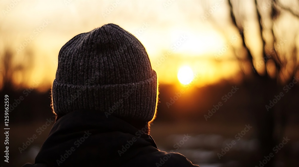 Poster person wearing a knitted hat watching a sunset creating a reflective and contemplative mood : genera