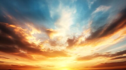 Dramatic Sunset with Fiery Clouds Illuminated by Golden Sunlight on Clear Sky : Generative AI
