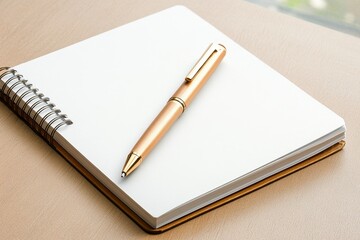 Blank Notebook and Gold Pen on Beige Surface
