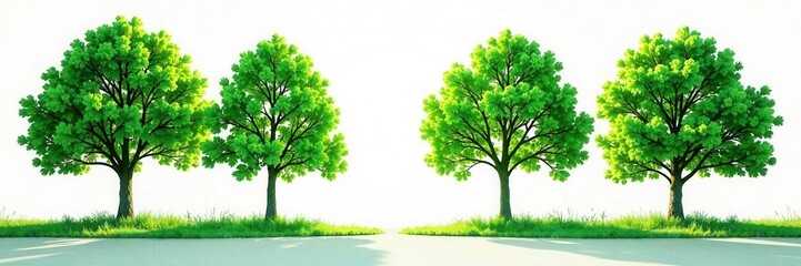 Tall trees with lush green leaves against a pure white background, environment, calmness, forest scenery