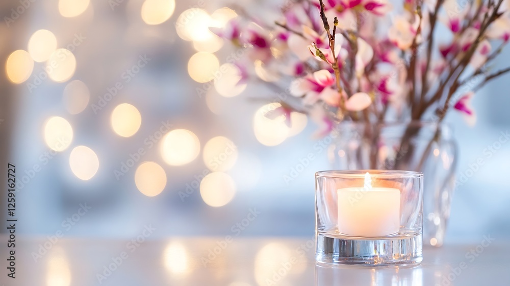 Poster Serene candlelight surrounded by beautiful blossoms creating a tranquil and inviting atmosphere : Generative AI