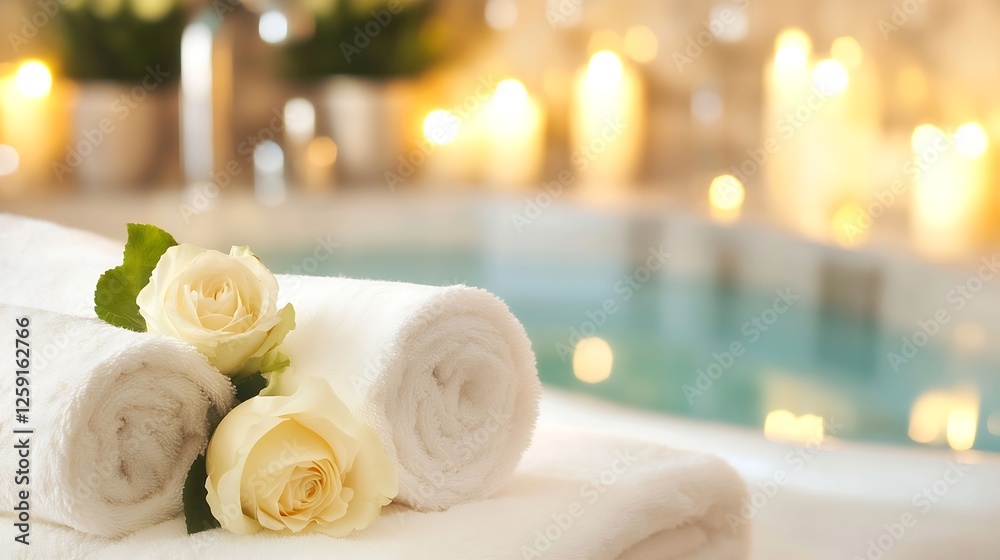 Poster elegant spa setting with soft towels decorative roses and glowing candles : generative ai