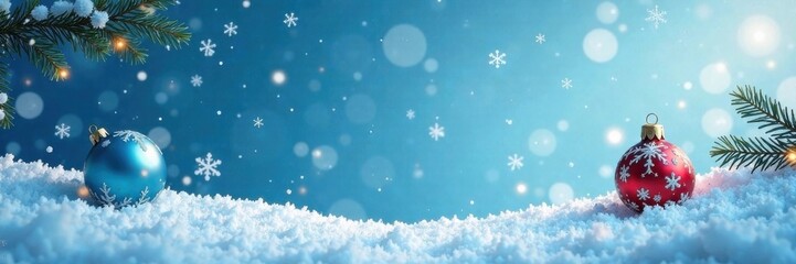 Naklejka premium Swirling snowflakes with ornaments in mid-air amidst blue sky, ornaments, blue, swirling