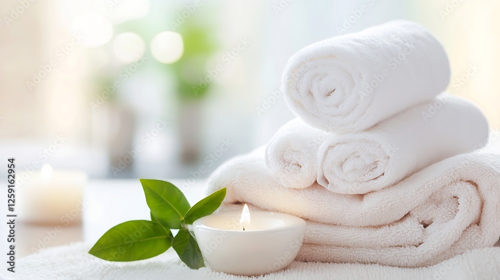 Poster relaxation essentials with soft white towels candles and greenery for spa atmosphere : generative ai