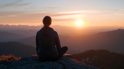 Contemplative Woman Sitting on a Rock Watching a Stunning Sunset : Generative AI