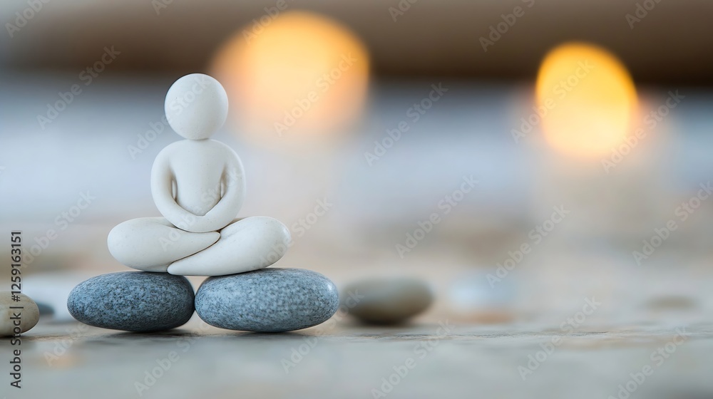 Poster serene sculpture of a meditating figure on stones with blurred background : generative ai