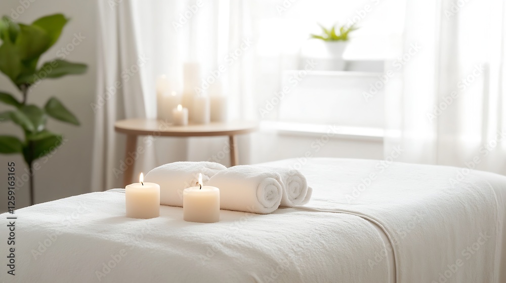 Poster cozy spa setting with soft candles and fresh towels ready for relaxation : generative ai