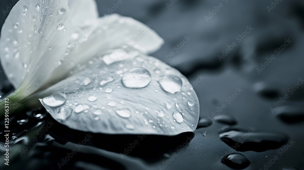 Wall mural Close Up of Water Droplets on a White Petal on a Dark Background for Nature and Beauty Themes : Generative AI