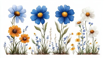 Blue and White Daisies Watercolor Painting