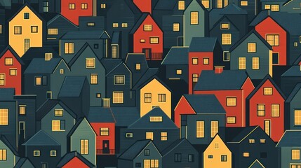 Night cityscape with colorful houses.