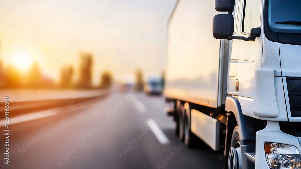 Poster dynamic blurred image of a delivery truck on a highway during sunset : generative ai