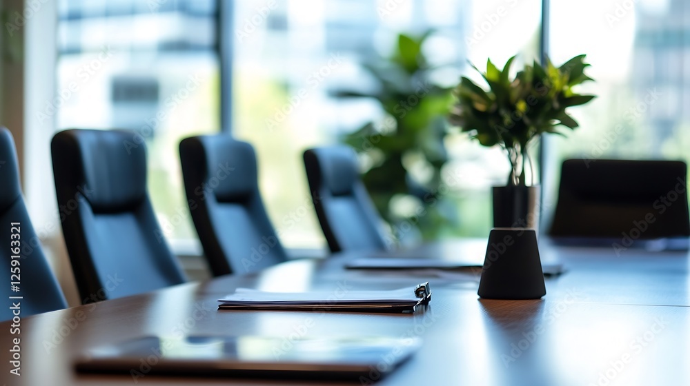 Poster modern conference table with papers and plants in bright office environment : generative ai
