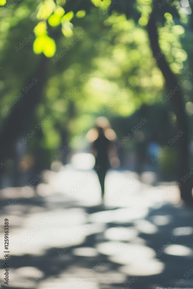 Poster Serene blurred image of a woman walking through a green leafy pathway in summer : Generative AI