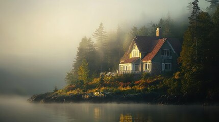 Obraz premium Lakeside House In Morning Mist A Serene Autumn Scene