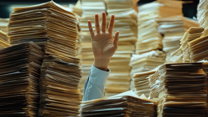 Hand raised above piles of paperwork, symbolizing stress and overwhelm in office environment. chaotic scene reflects burden of excessive documentation