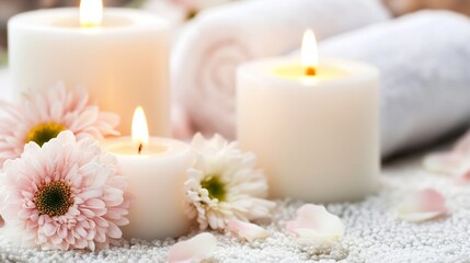 Serene Spa Ambiance with White Candles Flower Petals and Soft Towels for Relaxation and Wellness : Generative AI