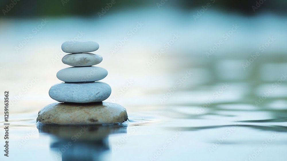 Aufkleber serene stacked stones on calm water surface represents balance and tranquility in nature : generativ