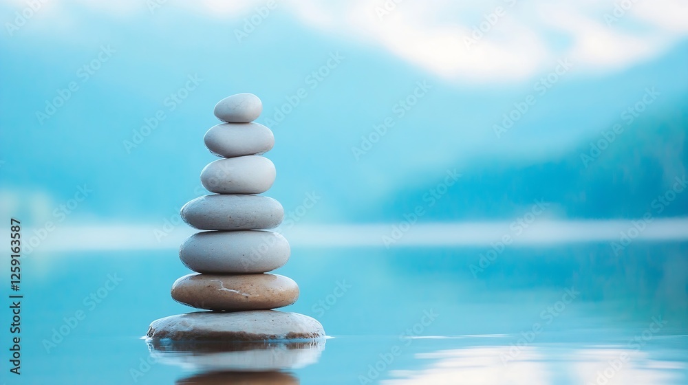 Poster serene stacked stones reflecting tranquil waters in a peaceful nature setting : generative ai