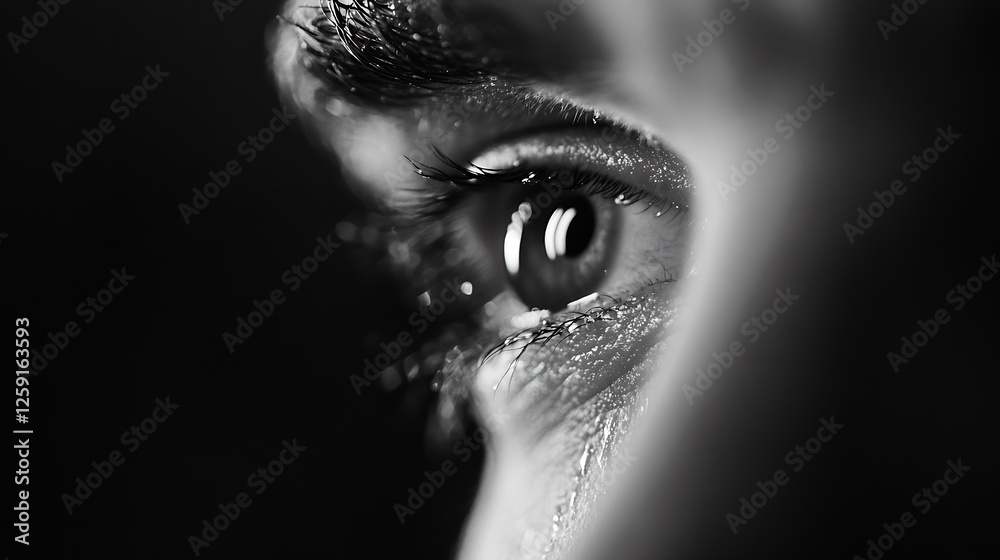 Poster intimate close-up of a human eye with reflective surface and detailed texture : generative ai