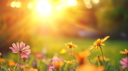 Fototapeta premium Vibrant Spring Flowers Bathed in Golden Sunshine During Sunset : Generative AI
