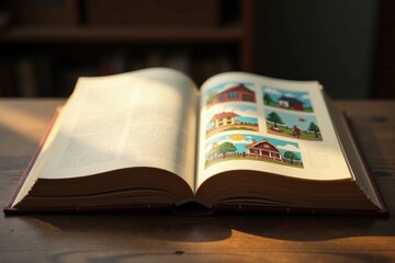 Obraz premium Textured hardcover book with natural beige color, open to reveal colorful illustrations or artwork, softly glowing in ambient light, texture, subtle glow, design