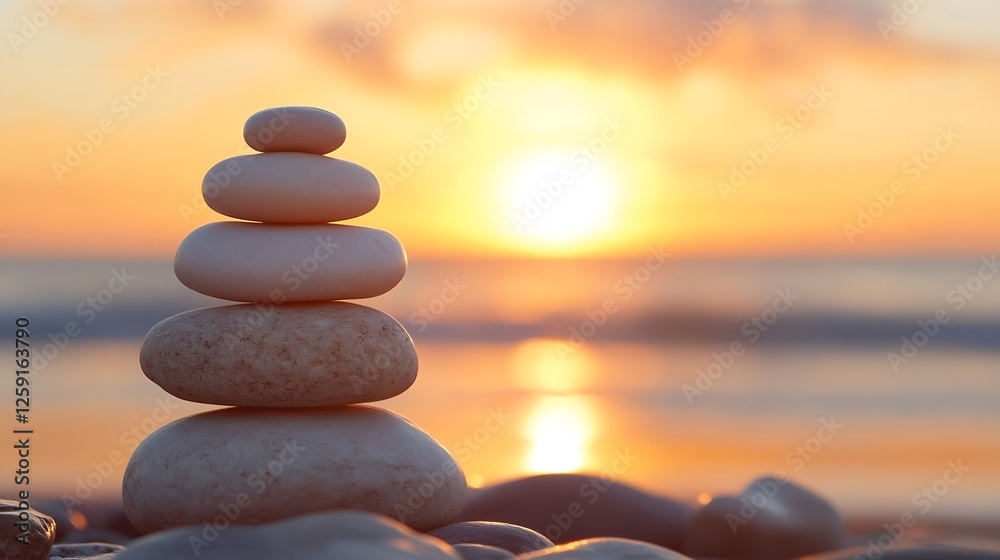Poster spiritual stack of smooth pebbles on the beach at sunset reflecting inner peace and harmony with nat