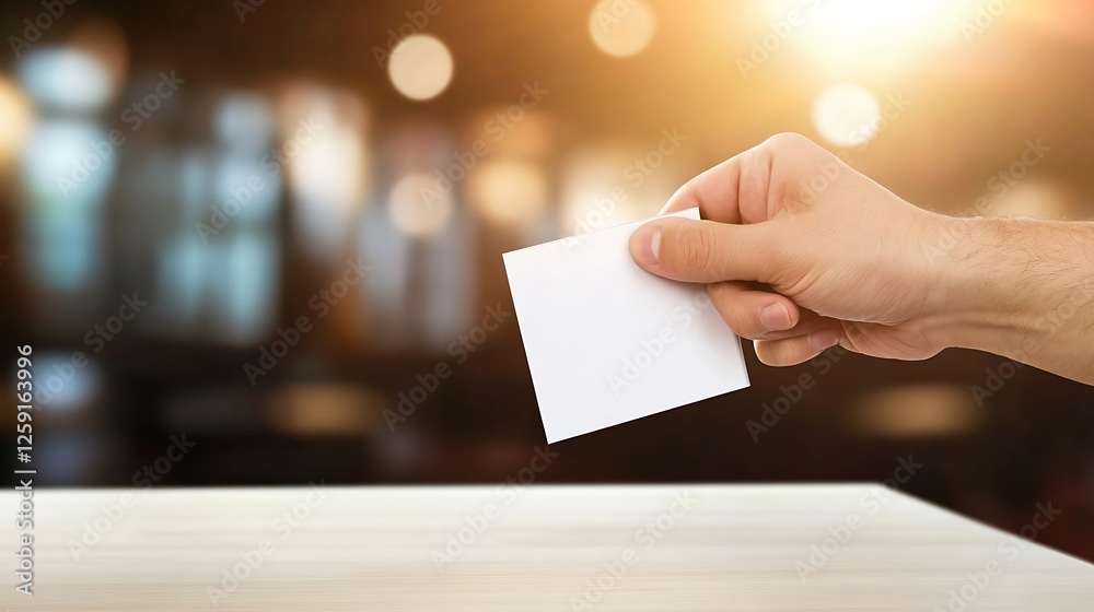 Poster Hand Holding Blank White Card Against Dull Background with Soft Bokeh Lights : Generative AI